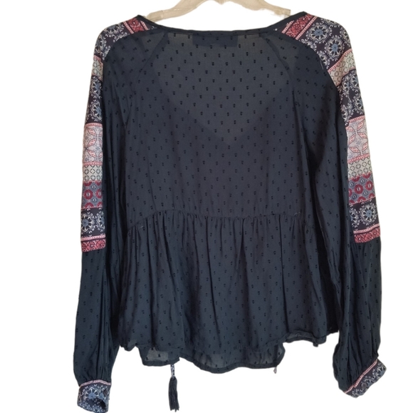 Blue Rain Black swiss dot Peplum hem long sleeve boho top size M - Picture 3 of 11